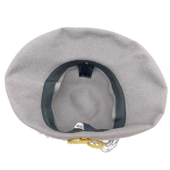 Vintage 1940s New York Creation Mushroom Veil Hat Gray Felted Wool Gold Trim - Picture 11 of 16